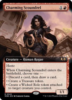 Charming Scoundrel (Extended Art) card from Wilds of Eldraine