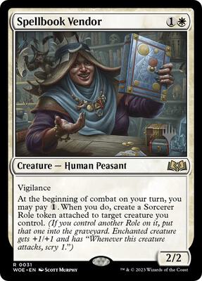 Spellbook Vendor card from Promo Pack: Wilds of Eldraine