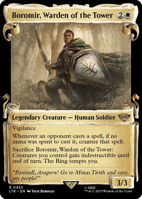 Boromir, Warden of the Tower (Showcase Scrolls) card from Universes Beyond: The Lord of the Rings: Tales of Middle-earth