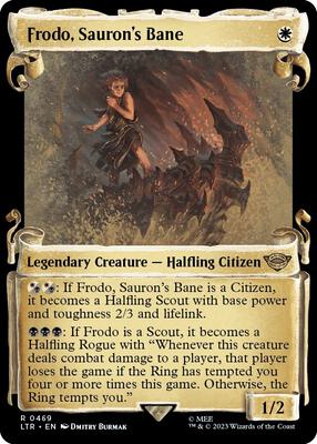 Frodo, Sauron's Bane (Showcase Scrolls) card from Universes Beyond: The Lord of the Rings: Tales of Middle-earth