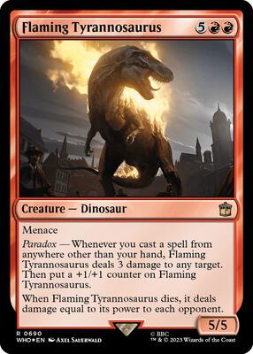 Flaming Tyrannosaurus (Surge Foil) card from Universes Beyond: Doctor Who