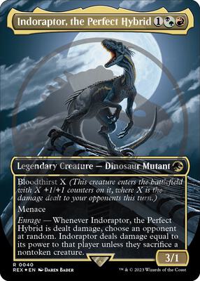 Indoraptor, the Perfect Hybrid (Borderless) (Emblem) card from Universes Beyond: Jurassic World Collection
