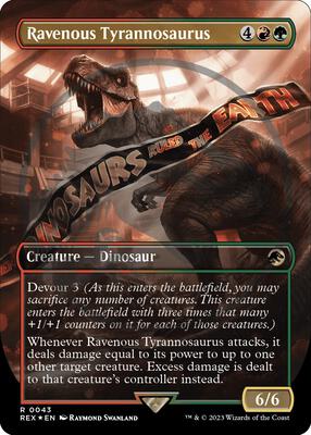 Ravenous Tyrannosaurus (Borderless) (Emblem) card from Universes Beyond: Jurassic World Collection