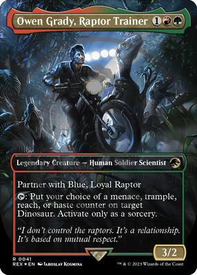 Owen Grady, Raptor Trainer (Borderless) (Emblem) card from Universes Beyond: Jurassic World Collection