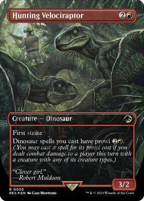 Hunting Velociraptor (Borderless) (Emblem) card from Universes Beyond: Jurassic World Collection