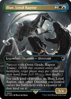 Blue, Loyal Raptor (Borderless) (Emblem) card from Universes Beyond: Jurassic World Collection