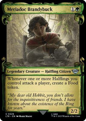 Meriadoc Brandybuck (Showcase Scrolls) card from Universes Beyond: The Lord of the Rings: Tales of Middle-earth