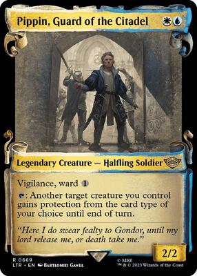 Pippin, Guard of the Citadel (Showcase Scrolls) card from Universes Beyond: The Lord of the Rings: Tales of Middle-earth