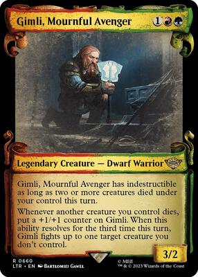 Gimli, Mournful Avenger (Showcase Scrolls) card from Universes Beyond: The Lord of the Rings: Tales of Middle-earth