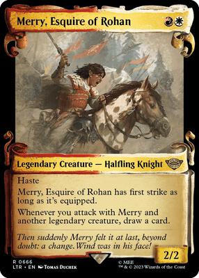 Merry, Esquire of Rohan (Showcase Scrolls) card from Universes Beyond: The Lord of the Rings: Tales of Middle-earth