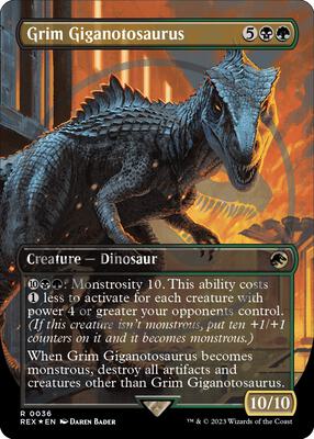 Grim Giganotosaurus (Borderless) (Emblem) card from Universes Beyond: Jurassic World Collection