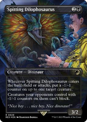 Spitting Dilophosaurus (Borderless) (Emblem) card from Universes Beyond: Jurassic World Collection