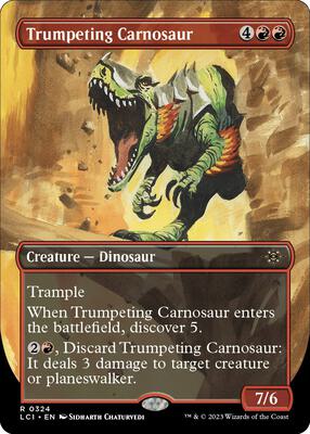Trumpeting Carnosaur (Borderless) card from The Lost Caverns of Ixalan
