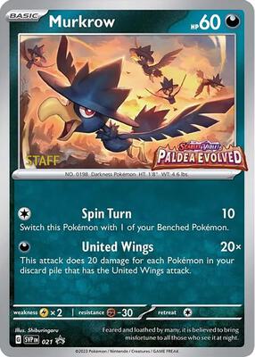 Murkrow - 021 (Prerelease) [Staff] card from SV: Scarlet & Violet Promo Cards