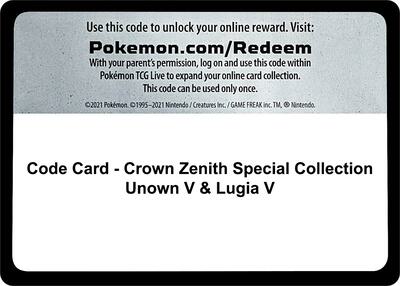 Code Card - Crown Zenith Special Collection [Unown V & Lugia V] card from SWSH: Crown Zenith