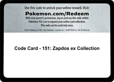 Code Card - 151: Zapdos ex Collection card from SV: Scarlet & Violet 151