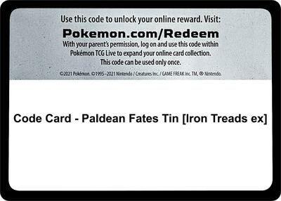 Code Card - Paldean Fates Tin [Iron Treads ex] card from SV: Paldean Fates