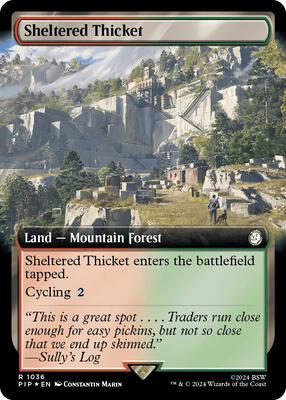 Sheltered Thicket (Extended Art) (Surge Foil) card from Universes Beyond: Fallout