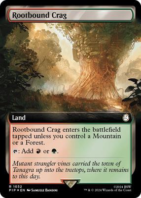 Rootbound Crag (Extended Art) (Surge Foil) card from Universes Beyond: Fallout