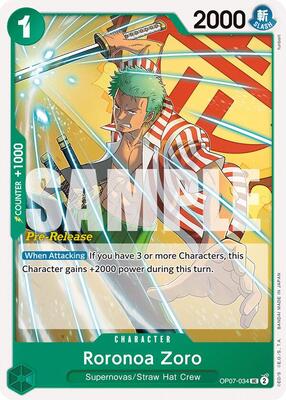 Roronoa Zoro (034) card from 500 Years in the Future Pre-Release Cards