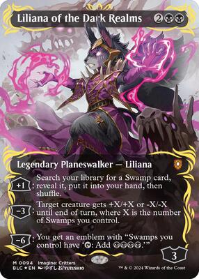 Liliana of the Dark Realms (Borderless) (Raised Foil) card from Commander: Bloomburrow