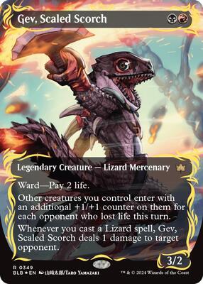 Gev, Scaled Scorch (Borderless) (Raised Foil) card from Bloomburrow