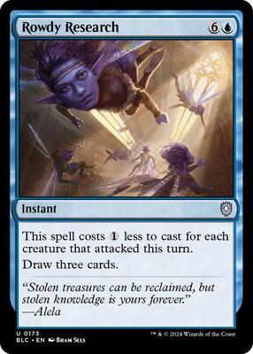 Rowdy Research card from Commander: Bloomburrow