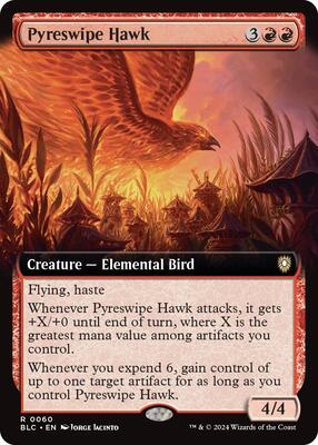 Pyreswipe Hawk (Extended Art) card from Commander: Bloomburrow