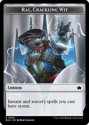 Emblem - Ral, Crackling Wit // Bushy Bodyguard Double-Sided Token card from Bloomburrow