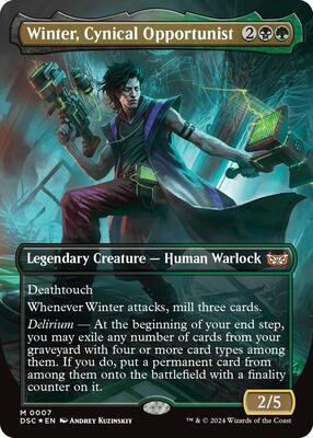 Winter, Cynical Opportunist (Borderless) card from Commander: Duskmourn: House of Horror