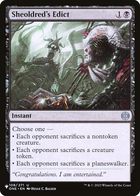 Sheoldred's Edict card from The List Reprints