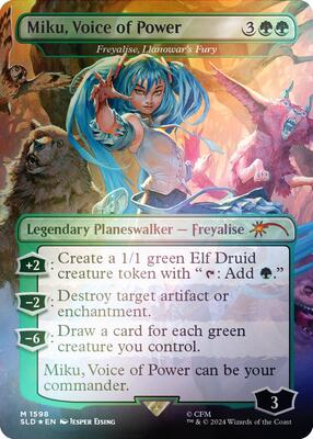 Miku, Voice of Power - Freyalise, Llanowar's Fury (Rainbow Foil) card from Secret Lair Drop Series