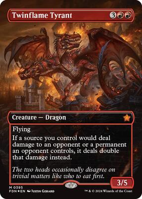 Twinflame Tyrant (Borderless) (Mana Foil) card from Foundations