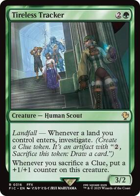 Tireless Tracker (Surge Foil) card from Commander: FINAL FANTASY