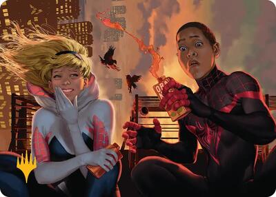 Heroes' Hangout Art Card (Gold-Stamped Planeswalker Symbol) card from Art Series: Marvel's Spider-Man
