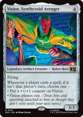 Vision, Synthezoid Avenger card from Commander: Marvel Super Heroes