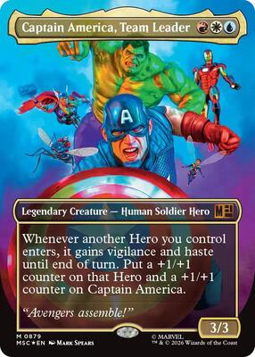 Captain America, Team Leader (Borderless) (Surge Foil) card from Commander: Marvel Super Heroes