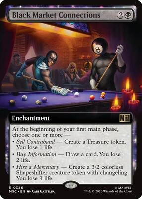 Black Market Connections (Extended Art) card from Commander: Marvel Super Heroes