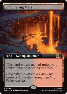 Smoldering Marsh (Extended Art) card from Commander: Marvel Super Heroes