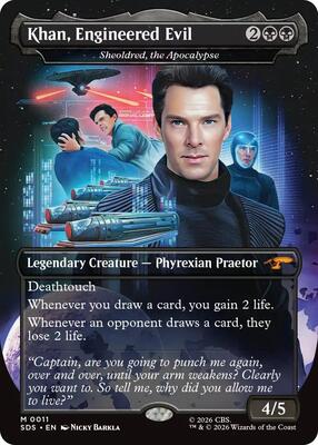 Khan, Engineered Evil - Sheoldred, the Apocalypse (Borderless) card from Star Trek: Stardates