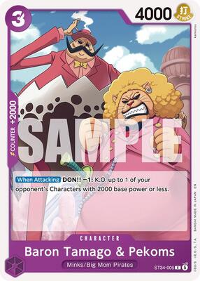 Baron Tamago & Pekoms card from Starter Deck 34: PURPLE Charlotte Katakuri