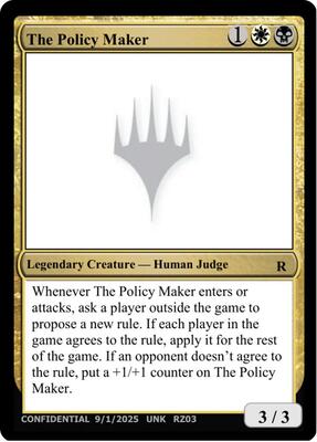 The Policy Maker card from Un-Known Event Playtest Cards