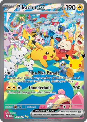 Pikachu ex - 149/128 card from ME: 30th Celebration