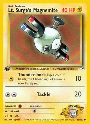 Lt. Surge's Magnemite (80) card from Gym Heroes