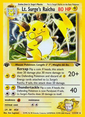 Lt. Surge's Raichu card from Gym Challenge