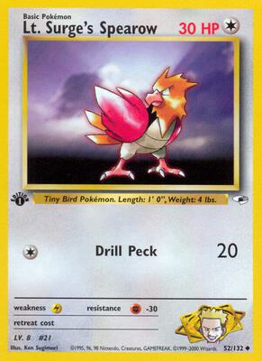 Lt. Surge's Spearow (52) card from Gym Heroes