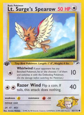 Lt. Surge's Spearow (83) card from Gym Heroes